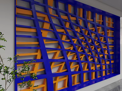Blue And Orange Geometric Patterned Background Wall With Green Plants 3d model
