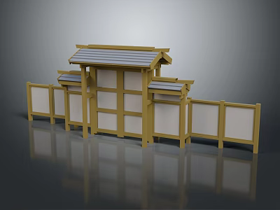 Traditional Japanese Style Wooden Entrance Gate With Gray Roof And Side Fences Design 3d model
