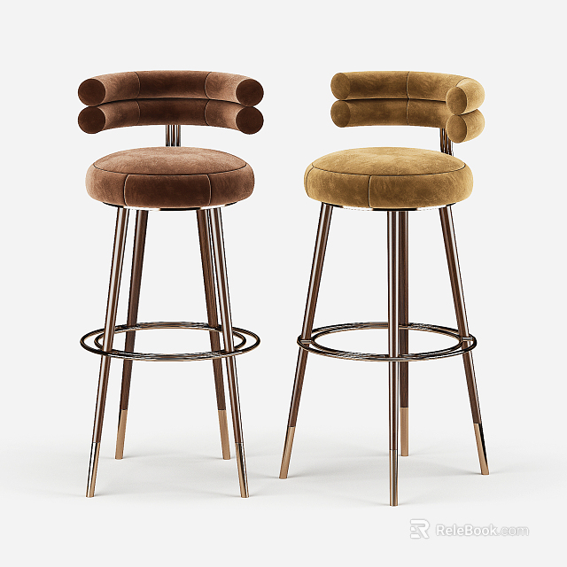 Elegant Modern Bar Stools With Brown And Beige Velvet Curved Backrest And Metal Legs 3d model 