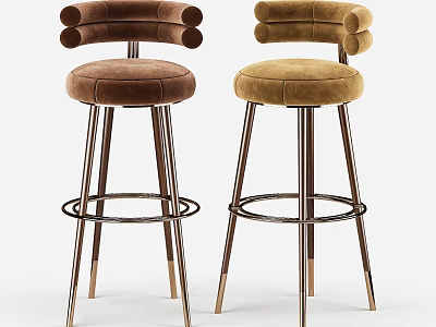Elegant Modern Bar Stools With Brown And Beige Velvet Curved Backrest And Metal Legs 3d model