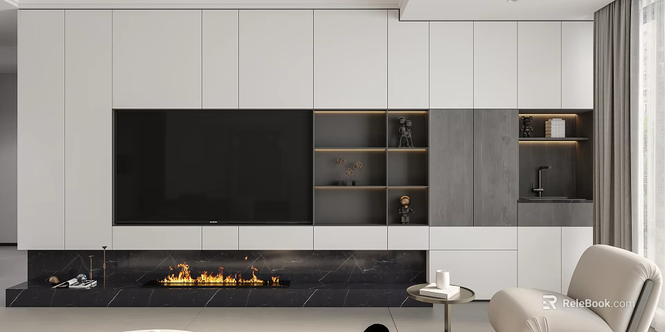 Modern Elegant Living Dining Room Interior With Open TV Wall Fireplace White Gray Cabinetry Shelves 3d model 
