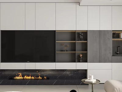 Modern Elegant Living Dining Room Interior With Open TV Wall Fireplace White Gray Cabinetry Shelves 3d model