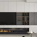 Modern Elegant Living Dining Room Interior With Open TV Wall Fireplace White Gray Cabinetry Shelves
