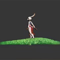 3D Model White Rabbit Character In Red Dress Standing On Green Grass With Pink Flowers