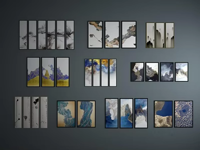 Abstract Paintings In Various Styles Arranged As Multiple Panels On Gray Background 3d model