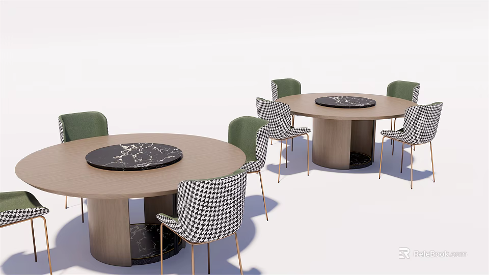 Round Dining Table Set With Light Wood Top Black Marble Inlay Green And Checkered Chairs 3d model 
