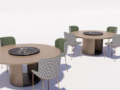 Round Dining Table Set With Light Wood Top Black Marble Inlay Green And Checkered Chairs 3d model
