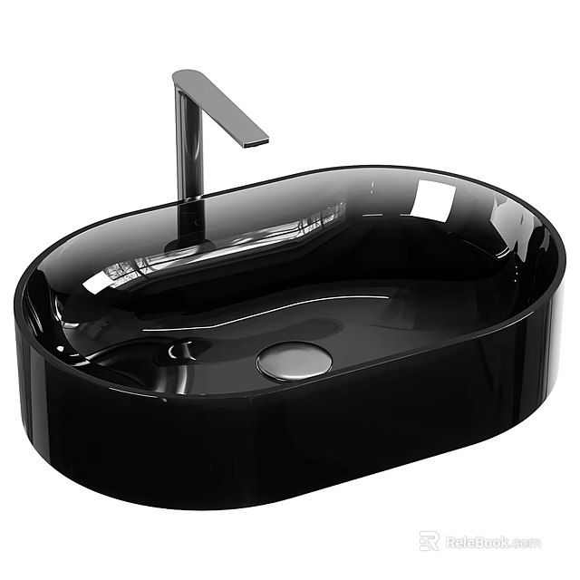 Black Oval Shaped Modern Washbasin With Smooth Surface And Silver Faucet 3d model 