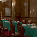 Elegant Restaurant Interior with Wooden Walls White Curtains and Benches