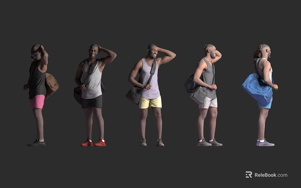Men In Casual Outfits Standing With Different Colored Backpacks And Various Poses 3d model 