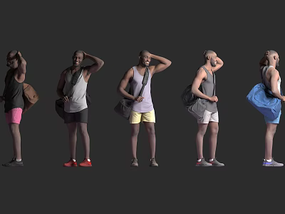 Men In Casual Outfits Standing With Different Colored Backpacks And Various Poses 3d model