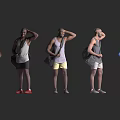 Men In Casual Outfits Standing With Different Colored Backpacks And Various Poses