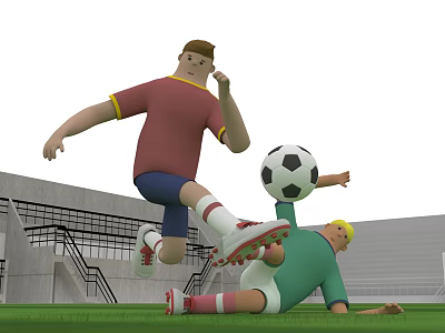 Cartoon Soccer Players Jumping And Falling During Football Match On Stadium Green Field 3d model