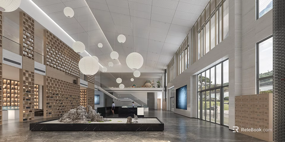 Modern Front Desk Reception Area With White Circular Pendant Lights Brick Wall And Large Windows 3d model 