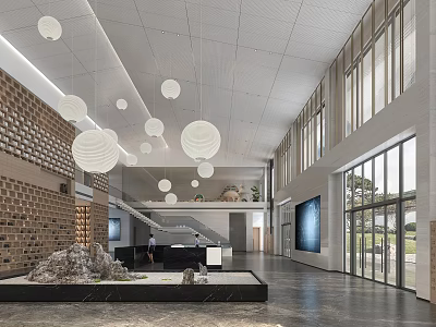 Modern Front Desk Reception Area With White Circular Pendant Lights Brick Wall And Large Windows 3d model