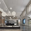 Modern Front Desk Reception Area With White Circular Pendant Lights Brick Wall And Large Windows