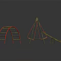 Colorful Playground Equipment With Red Arched Climbing Frame And Yellow Green Swing Seats