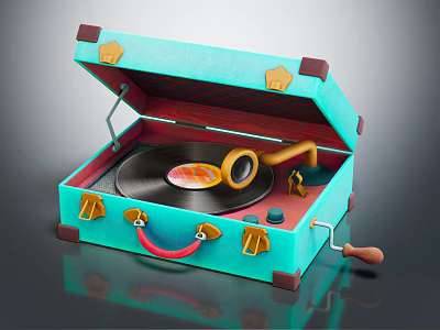 Vintage Turquoise Suitcase Record Player With Vinyl Record And Retro Design 3d model