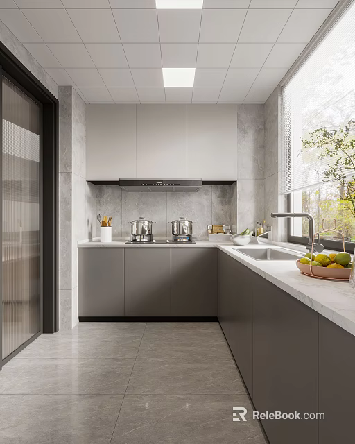 Modern Kitchen Interior With Gray Cabinets White Countertop Kitchen Appliances And Natural Light 3d model 