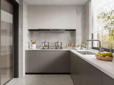 Modern Kitchen Interior With Gray Cabinets White Countertop Kitchen Appliances And Natural Light 3d model