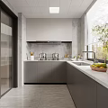 Modern Kitchen Interior With Gray Cabinets White Countertop Kitchen Appliances And Natural Light