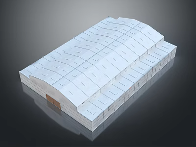 Cartoon Scene Featuring White Curved Roof Building With Rectangular Modules Shiny Surface And Brown Base 3d model