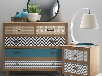 Chest of Drawers With Geometric Patterned Drawers Side Cabinet And Table Lamp 3d model
