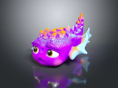 Cute Purple Fantasy Creature Character With Big Eyes Orange Spines And Blue White Fins 3d model