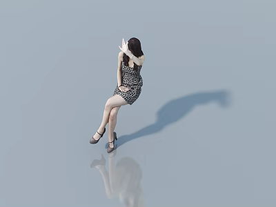 Woman in polka dot dress sitting on reflective surface with hat high heels and shadow 3d model