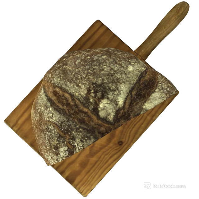 Freshly Baked Artisan Bread with Crusty Exterior on Wooden Cutting Board 3d model 