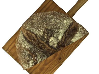 Freshly Baked Artisan Bread with Crusty Exterior on Wooden Cutting Board 3d model