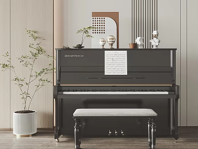 Elegant Piano And Art Supplies Interior With Music Sheet Bench Potted Plant And Ornaments 3d model