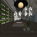 Japanese Restaurant Interior with Traditional Murals Wooden Decor Hanging Lamps and Dining Seats