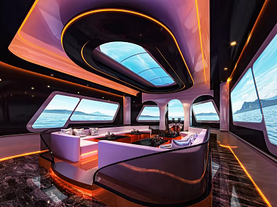 Modern Yacht Cabin Interior With Large Windows Ocean View Luxury Sofas And Ambient Lighting 3d model
