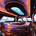Modern Yacht Cabin Interior With Large Windows Ocean View Luxury Sofas And Ambient Lighting