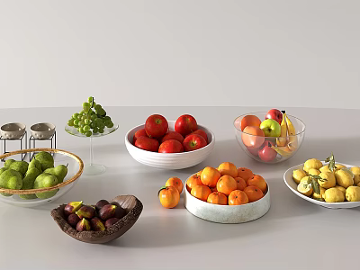 Fresh Assorted Fruits Arranged in Glass and Ceramic Bowls on White Table 3d model
