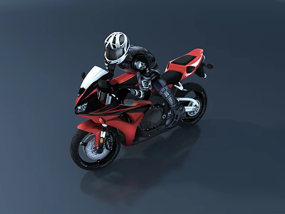 Red and Black Motorcycle with Rider in Black Suit and White Helmet on Dark Background 3d model
