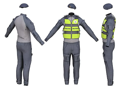 Gray Police Uniform With Yellow Reflective Vest And POLICE Logo In Multiple Angles 3d model