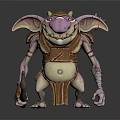 Smiling Fantasy Creature With Pink Skin Large Ears Horns Brown Armor Holding Staff Standing