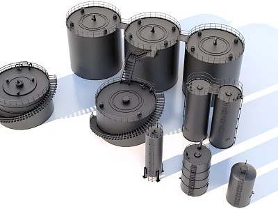 Industrial Equipment Multiple Cylindrical Storage Tanks With Connected Pipes And Platforms 3d model