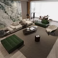 Elegant Modern Living Dining Area With Green Sofa Marble TV Wall And Coffee Table