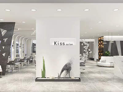Modern Beauty Hair Salon Interior Design With White Column Green Plants And Styling Chairs 3d model