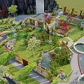 Park Landscape with Circular Ponds Lush Greenery Winding Paths and Wooden Pavilion
