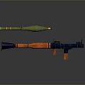 Rocket Launcher With Orange Wooden Grip And Green Rocket Projectile On Dark Reflective Surface