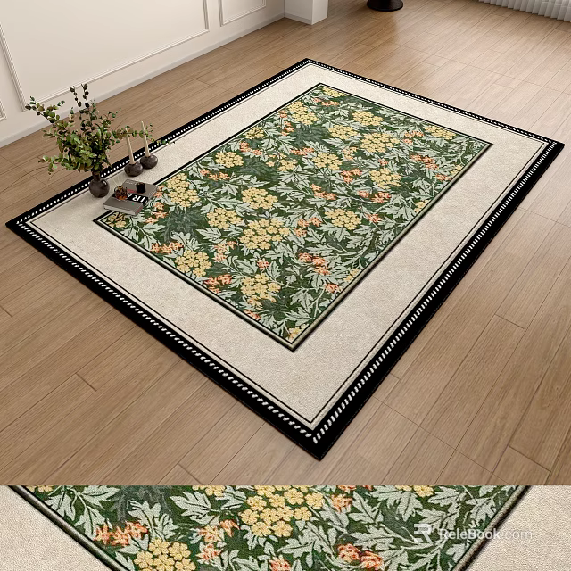 Square Rug With Floral Pattern Yellow Flowers Green Leaves And Black Border On Wooden Floor 3d model 
