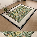 Square Rug With Floral Pattern Yellow Flowers Green Leaves And Black Border On Wooden Floor