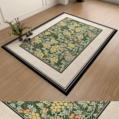 Square Rug With Floral Pattern Yellow Flowers Green Leaves And Black Border On Wooden Floor 3d model