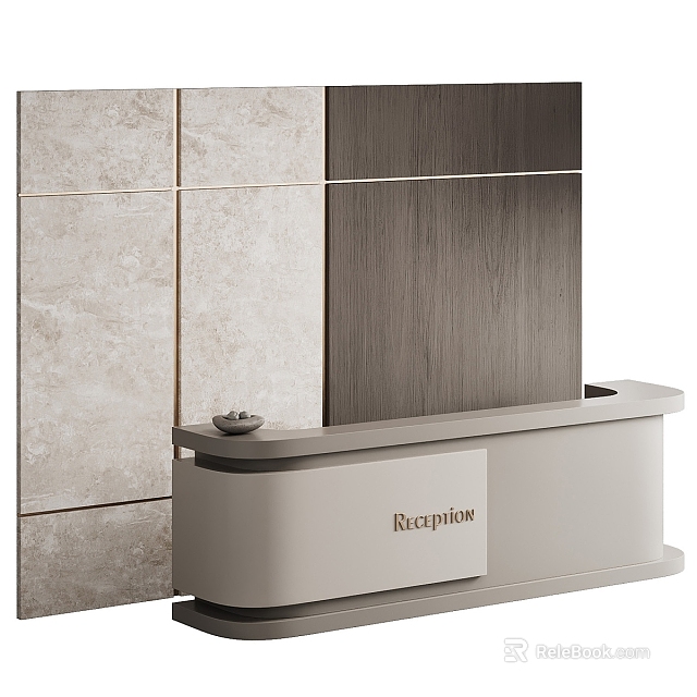 Modern Sleek Reception Desk Interior Design With Light Countertop And Wooden Stone Wall 3d model 