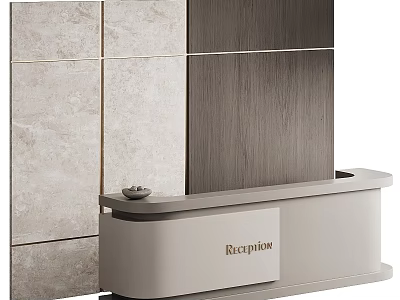 Modern Sleek Reception Desk Interior Design With Light Countertop And Wooden Stone Wall 3d model