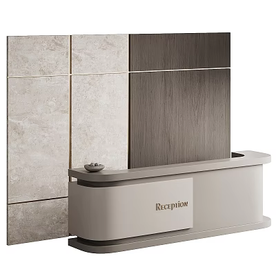 Modern Sleek Reception Desk Interior Design With Light Countertop And Wooden Stone Wall 3d model